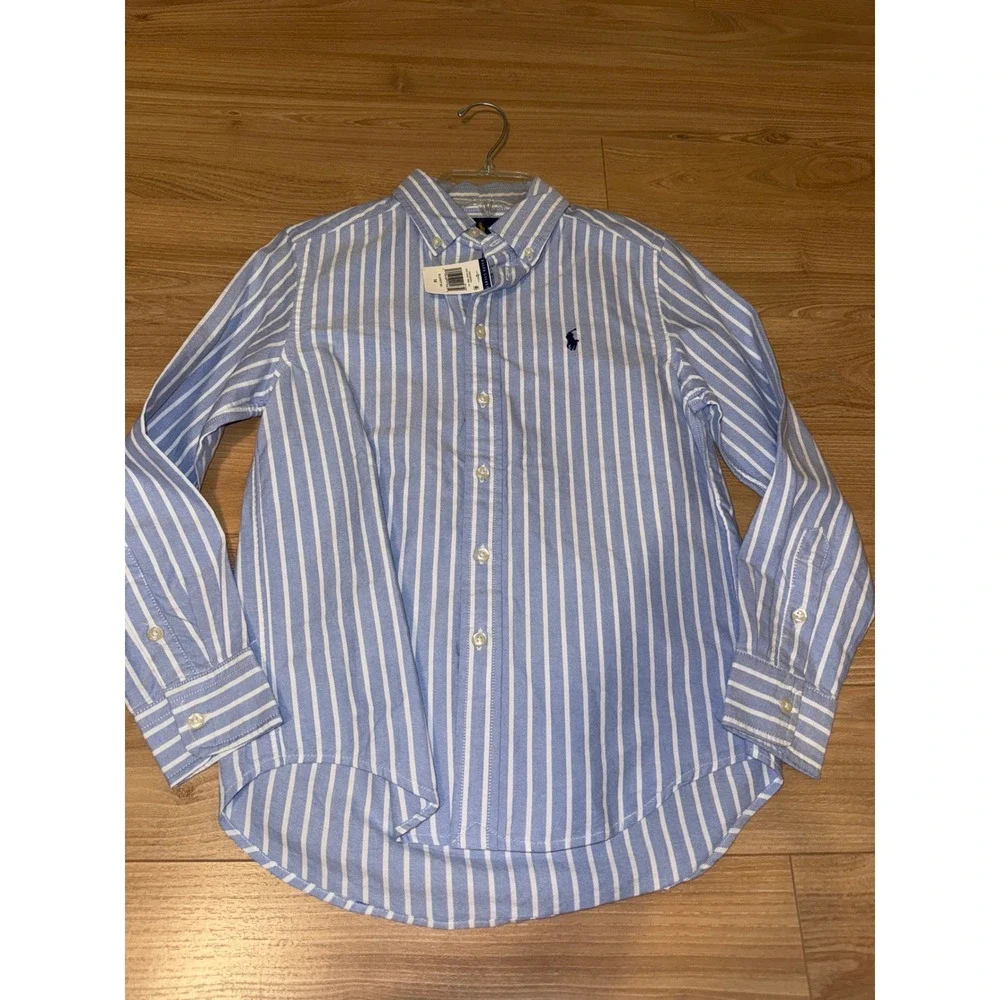 Ralph Lauren Boys Blue White Striped Oxford Button Down Shirt Size 10 NWT